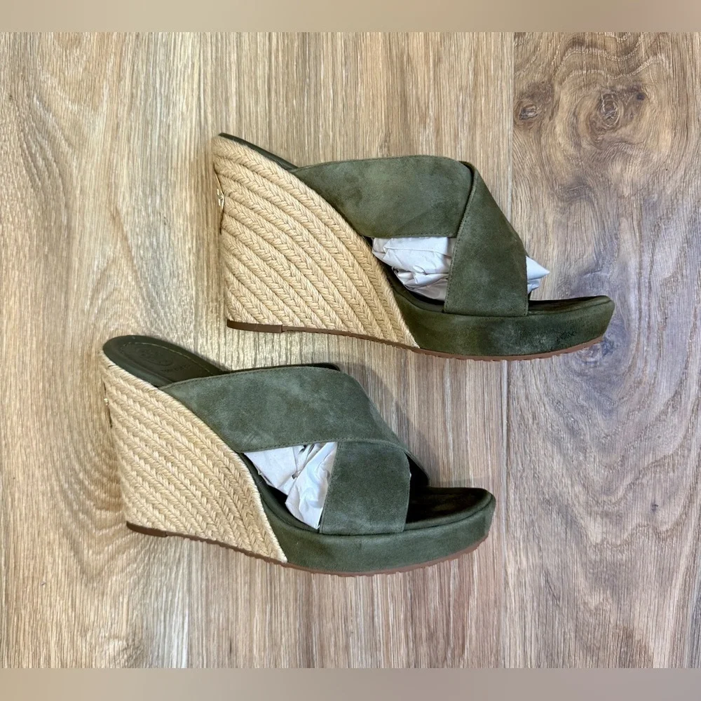 Tory Burch Green Suede Espadrille Platform Slide Sandals